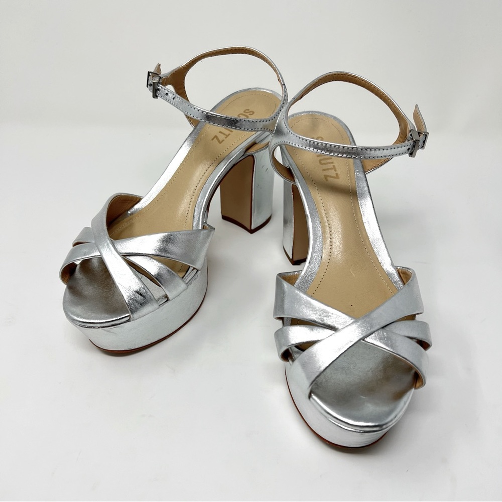 Schutz Keefa Leather Metallic Silver Platform Sandal Sz 6